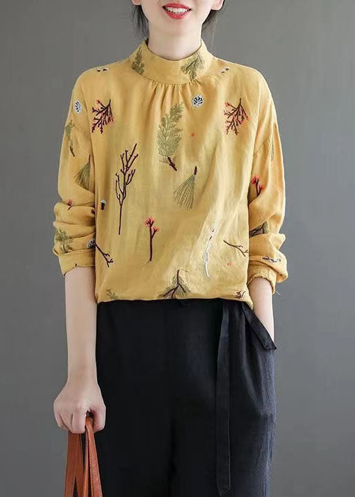 Women Yellow Wrinkled Embroidered Patchwork Linen Shirt Tops Spring