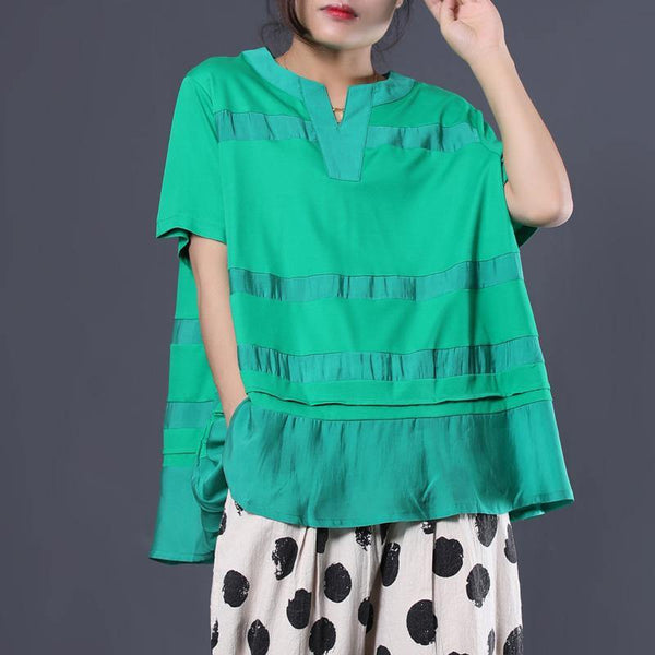 Women Patchwork Cotton Tunic Top Cotton Green V Neck Blouses