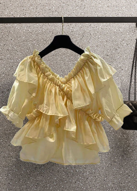 Yellow Patchwork Chiffon Blouses Ruffled V Neck Summer