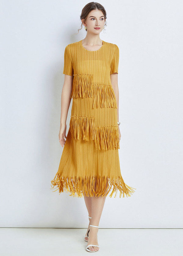 Yellow Patchwork Chiffon Loose Long Dresses O Neck Tasseled Summer