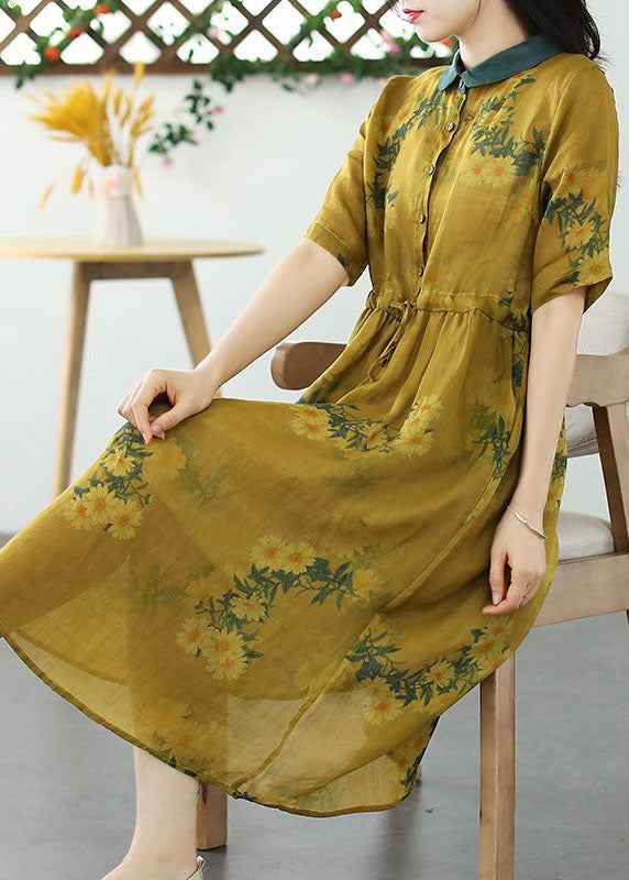 Yellow Patchwork Linen Dress Peter Pan Collar Drawstring Summer