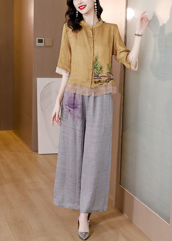 Yellow Patchwork Linen Two Pieces Set Stand Collar Embroidered Summer