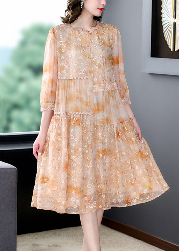 Yellow Patchwork Silk Dress Embroidered Wrinkled Summer