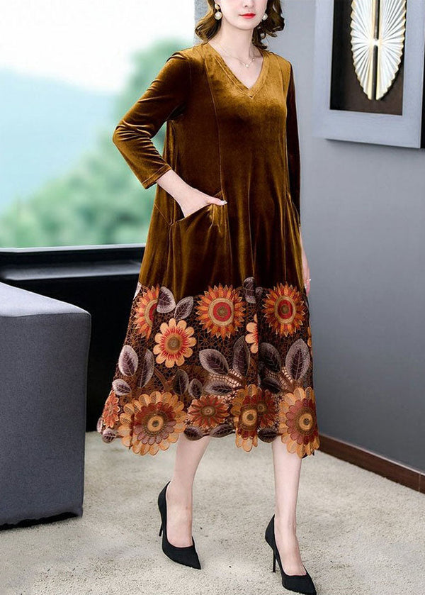 Yellow Patchwork Silk Velour Maxi Dresses Embroidered V Neck Spring