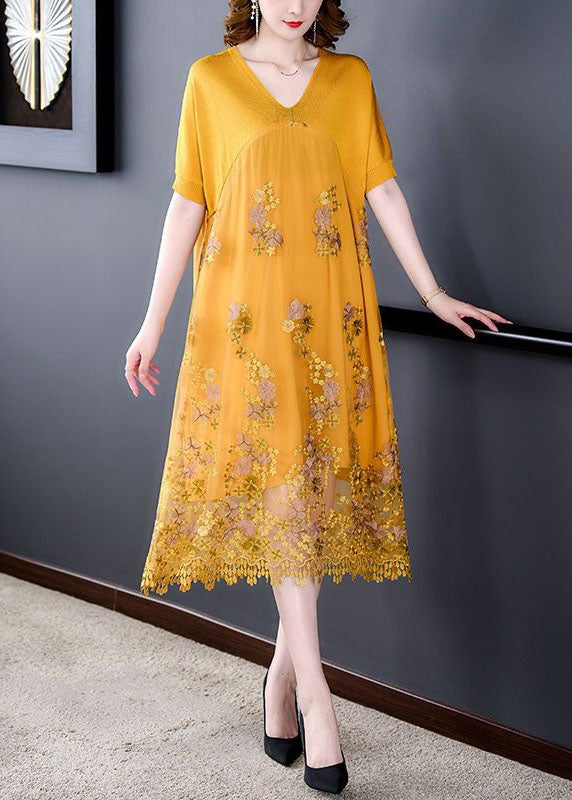 Yellow Patchwork Tulle Dresses Embroidered V Neck Summer