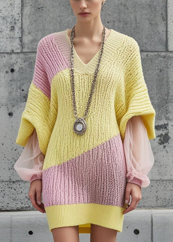 Yellow Patchwork Tulle Sweater Dress V Neck Batwing Sleeve