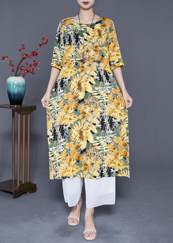 Yellow Print Cotton Vacation Dresses Oversized Summer