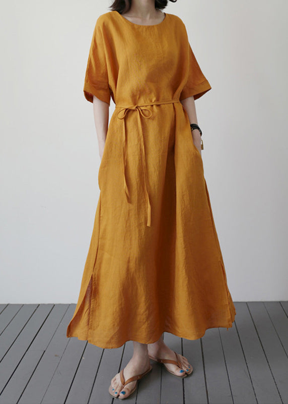 Yellow Side Open Solid Holiday Maxi Dress Short Sleeve