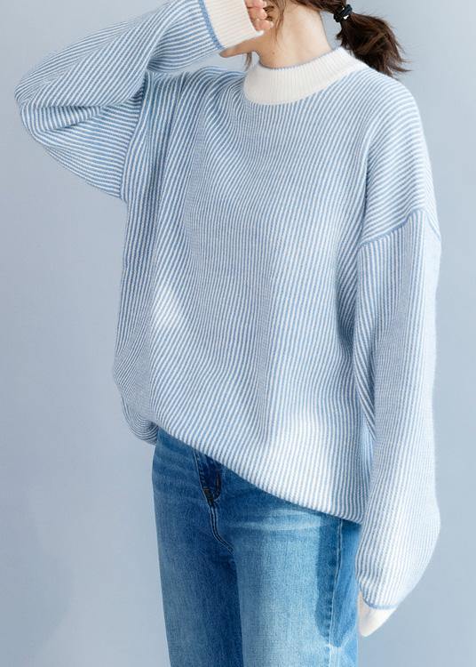 Pullover winter blue white striped knit sweat tops casual high neck crane tops