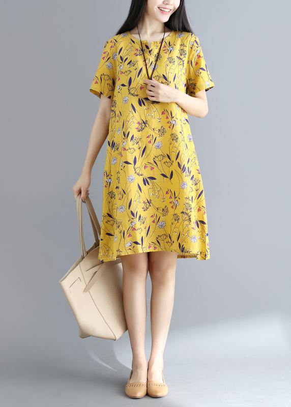 Women yellow prints Cotton clothes loose waist daily summer Dress