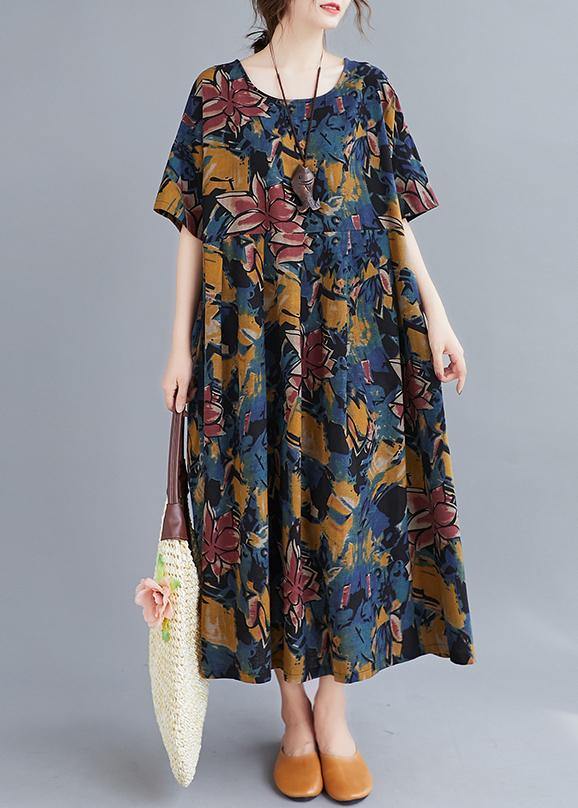 Beautiful Plant printing o neck Cinched Dresses summer Dress