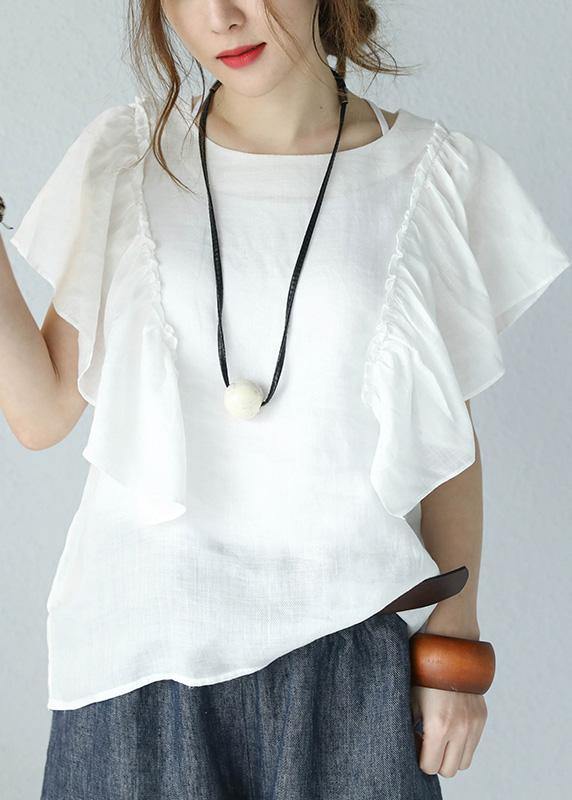 Modern ruffles sleeve linen Tunic Inspiration white top summer