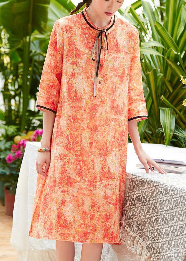 Classy o neck pockets half sleeve linen Wardrobes Sewing orange print Dress summer