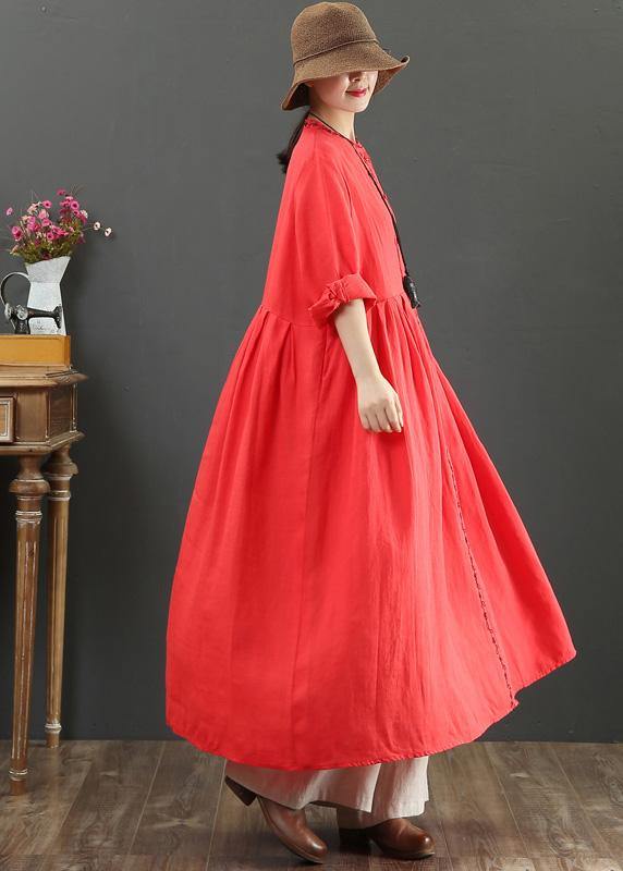 Chic Red cotton Outfit O Neck Cinched Robes Spring Dress