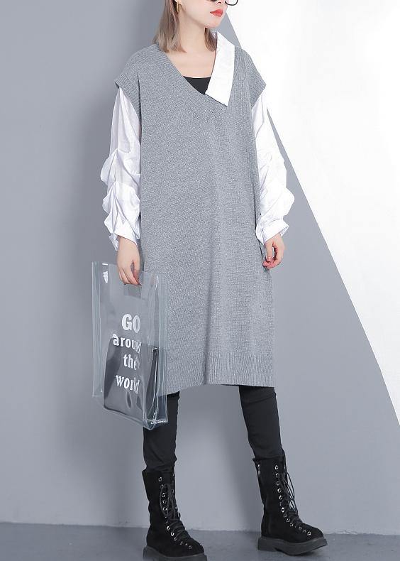 For Spring patchwork Puff Sleeve Sweater weather plus size gray Mujer knit dress