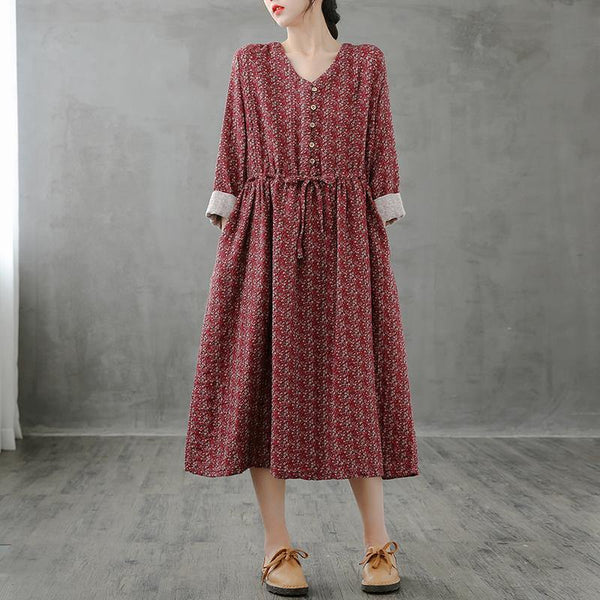 Simple red print top stand collar drawstring Plus Size fall Dress