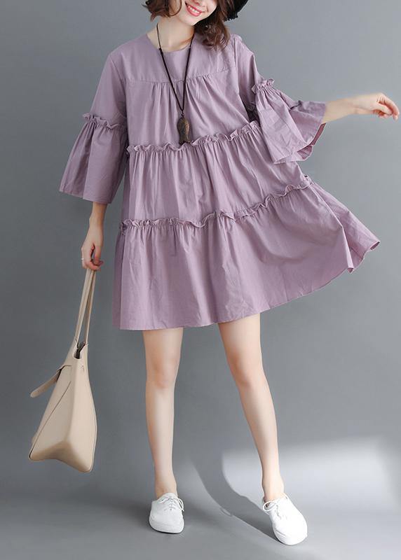 Modern o neck flare sleeve Cinched Cotton Women Photography purple Dress summer