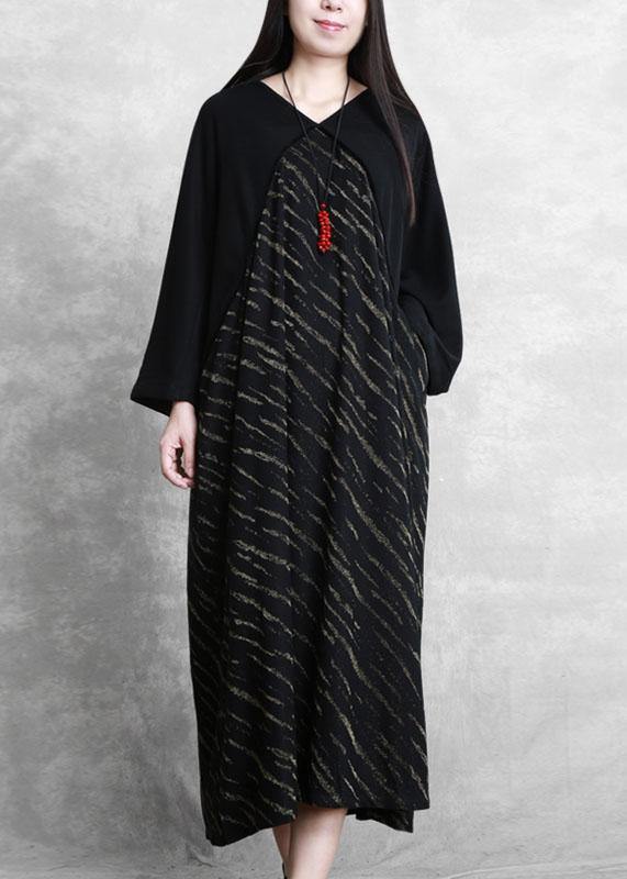 Women black striped clothes Women v neck Batwing Sleeve Plus Size Dresses