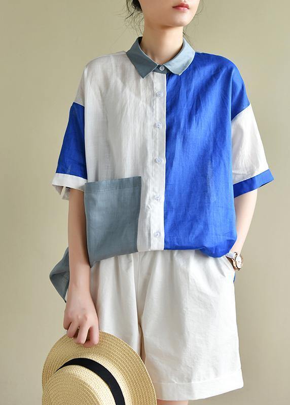 Style blue white patchwork Blouse lapel pockets tunic summer tops