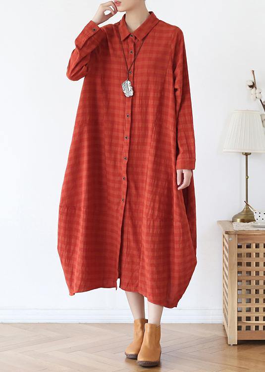 Women orange red dresses lapel Button Down Maxi fall Dress