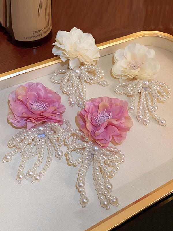 Flower-Embellished Imitation Pearl  Tasseled Earrings Accessories