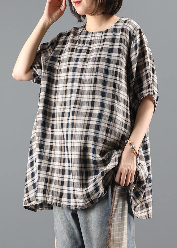 Natural o neck drawstring summer tunics for women Shape black plaid top