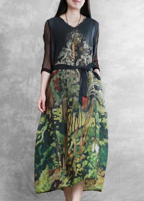 DIY v neck tie waist summer clothes Wardrobes green Forest print Dresses