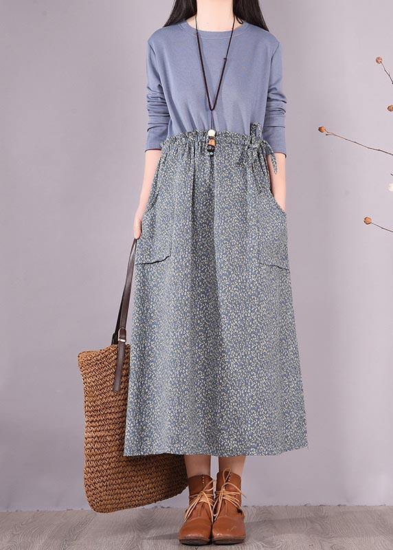 Elegant O Neck Spring Wardrobes Sewing Blue Patchwork Print Art Dresses