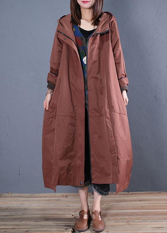 Fine casual long fall brown hooded zippered overcoat