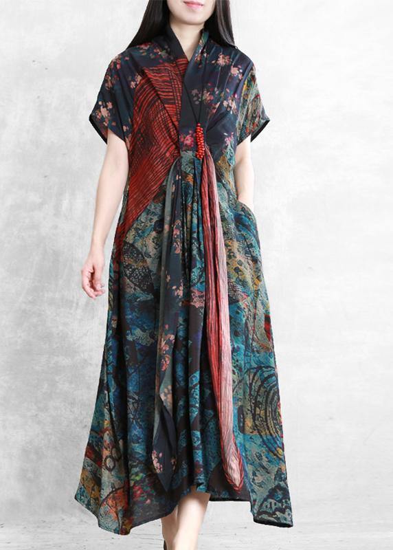 Art floral linen dresses v neck asymmetric robes Dresses