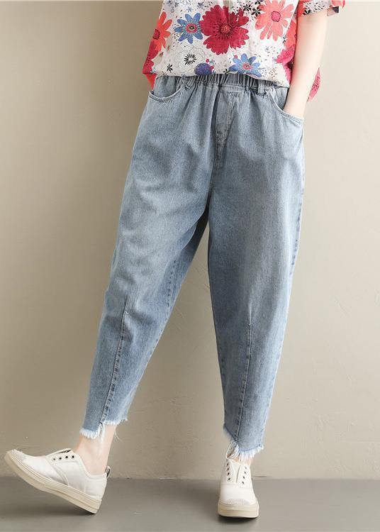 New Korean retro trousers  elastic waist light blue jeans summer