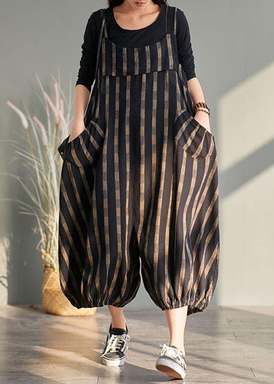 Spring plus size plus fertilizer to increase bloomers striped cotton and linen jumpsuit