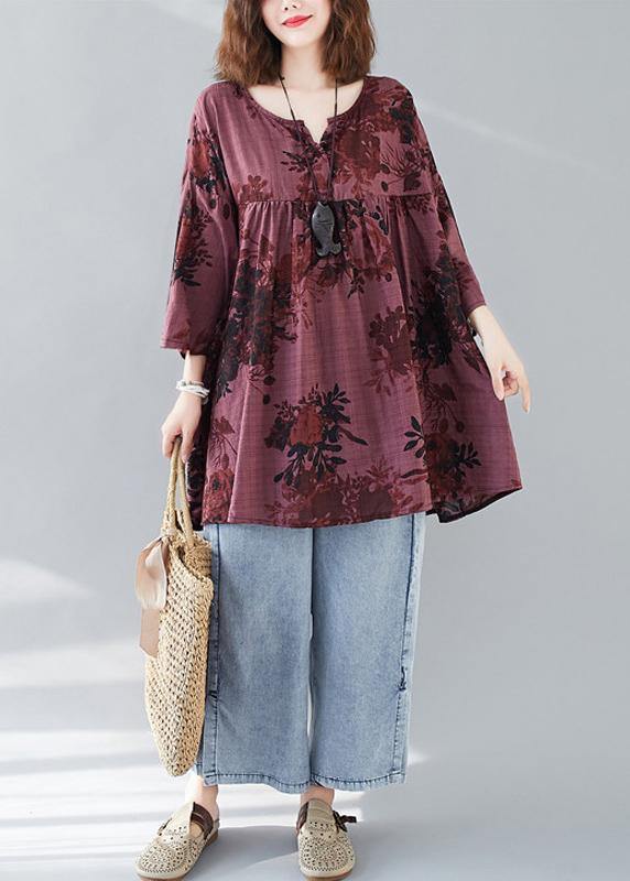 Bohemian v neck linen cotton summerclothes red prints Dresses shirts