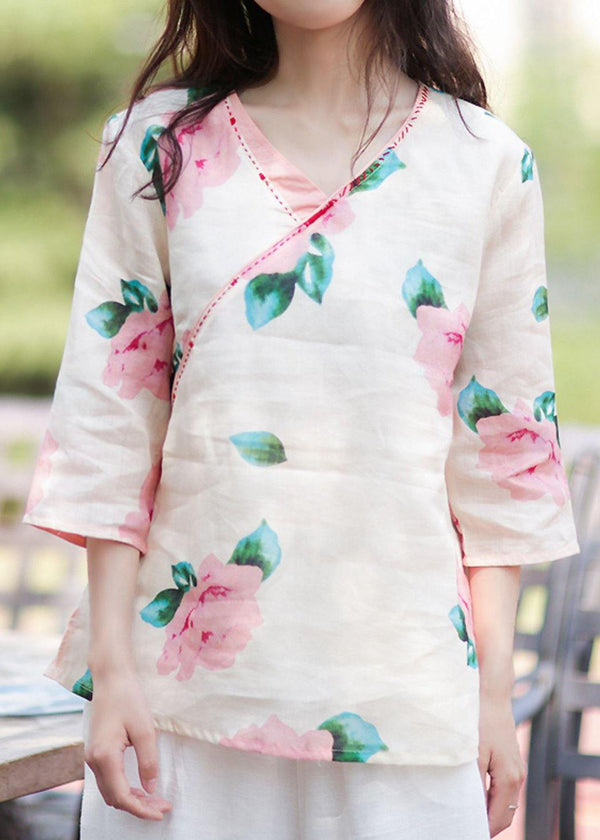 Style v neck linen tunic design pink print blouse