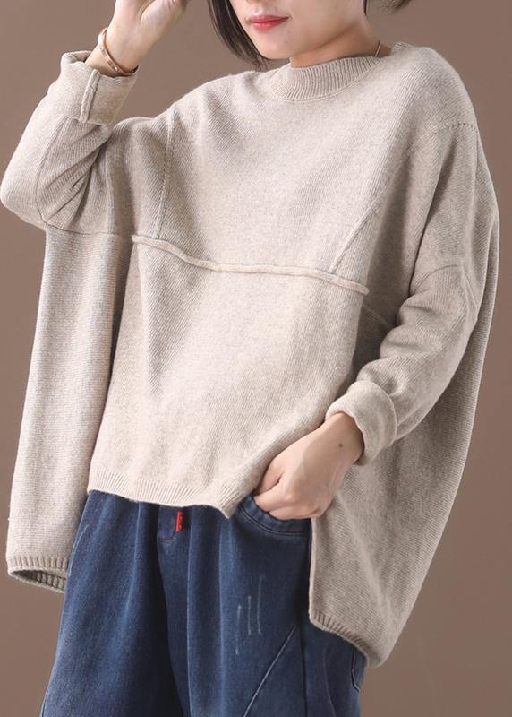 Fashion beige o neck knitted clothes oversize Batwing Sleeve knit sweat tops asymmetric hem