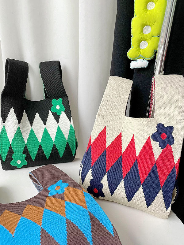 Original Contrast Color Rhombus Floral Woven Handbags Bags Accessories