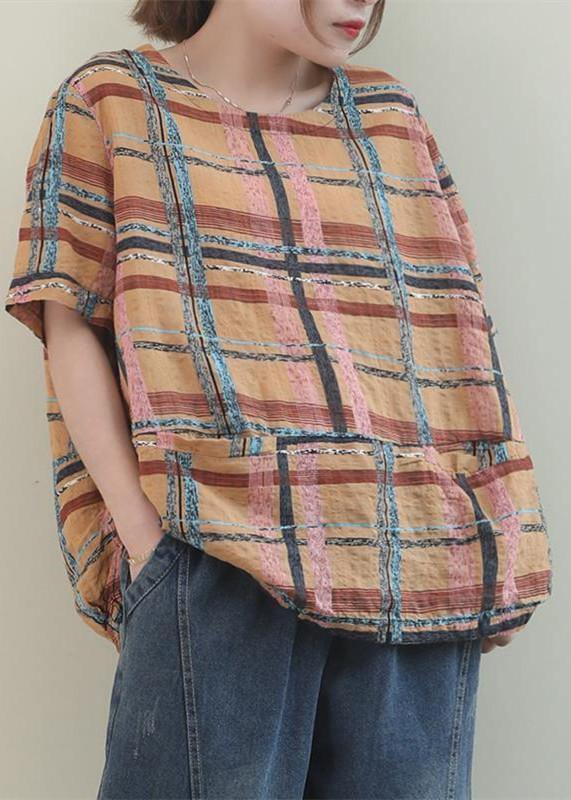 Women o neck linen summer top silhouette Fashion Ideas khaki plaid tops