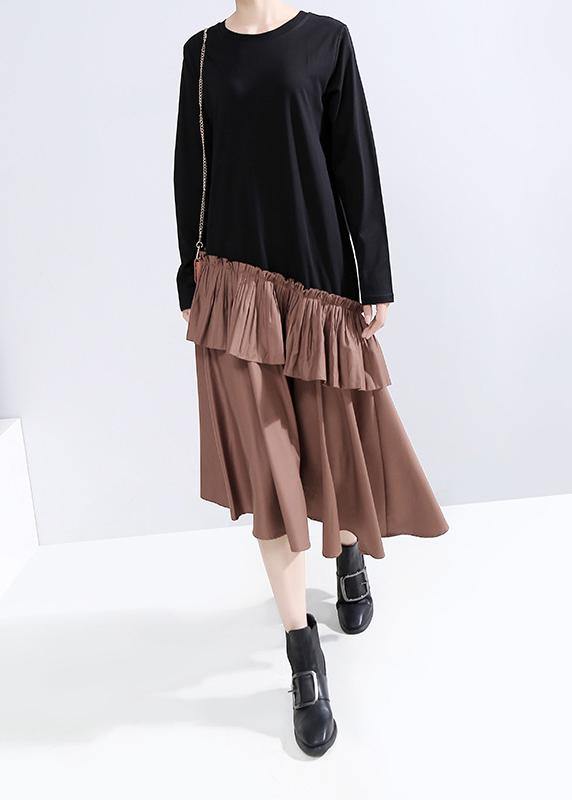 Elegant ruffles cotton patchwork Tunics Shape khaki Maxi Dresses