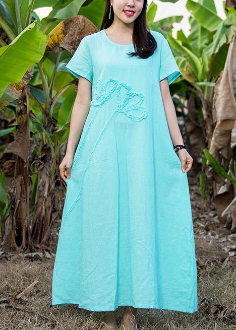 Loose light blue linen dress o neck pockets Love summer Dress