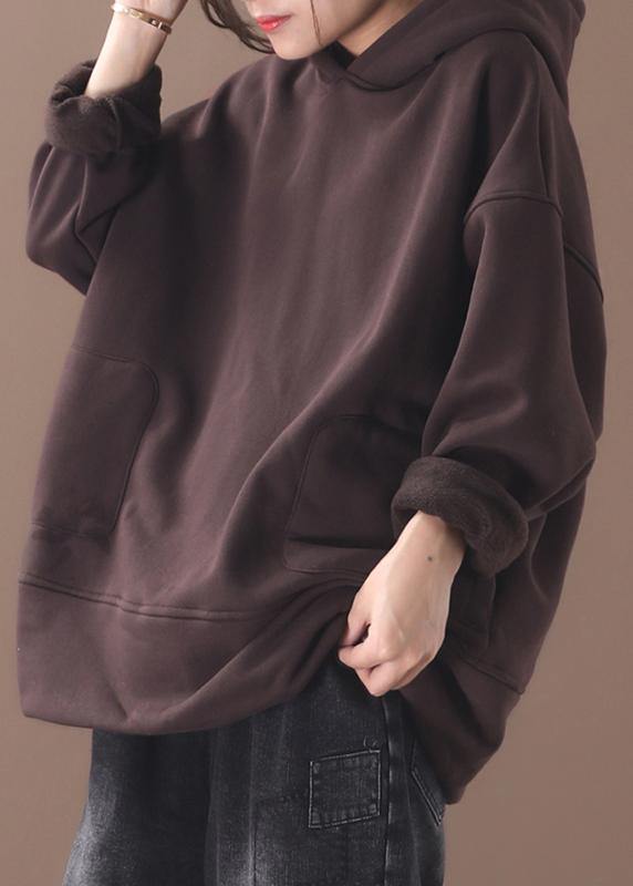 Natural brown cotton crane tops winter tunic hooded top