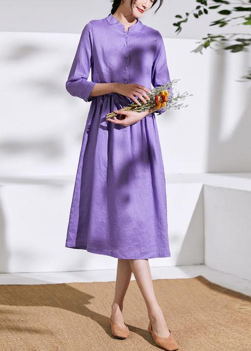 Handmade stand collar drawstring linen summer Wardrobes Runway purple Dress