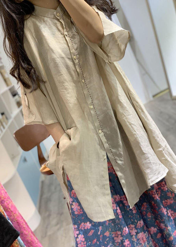 French nude stand collar linen clothes For Women low high design shirt Dress