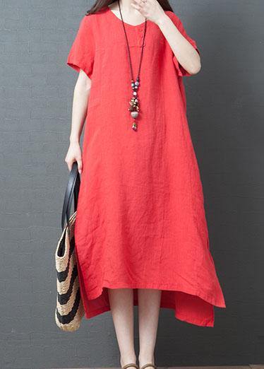 Vivid red cotton tunic dress o neck side open Maxi summer Dress