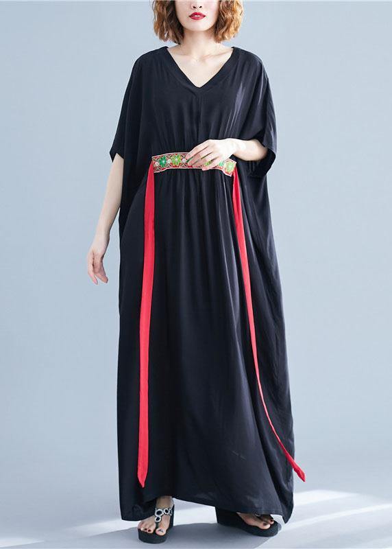 DIY tie waist cotton tunic dressNeckline black v neck Maxi Dresses summer