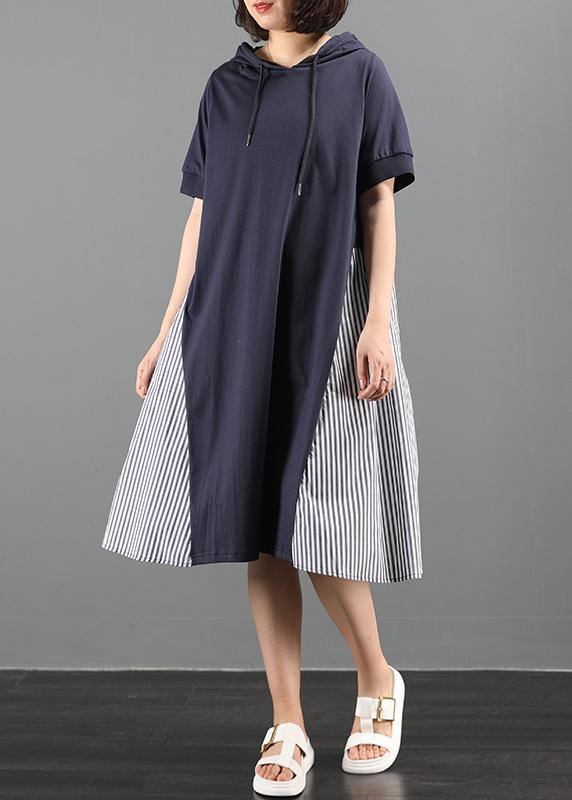 Women navy tunic dress hooded patchwork striped Maxi Dresses