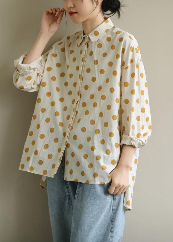 Women yellow dotted clothes lapel low high design Knee blouses