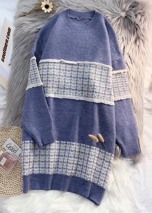 Cute o neck  Sweater blue knit top pattern Upcycle patchwork DIY knit dress