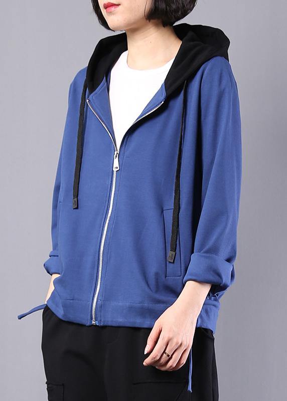 Loose blue cotton linen tops women hooded oversized autumn short coat