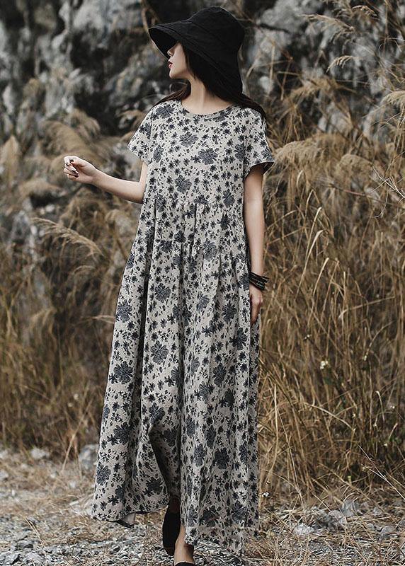 DIY gray prints linen clothes For Women o neck Maxi summer Dress