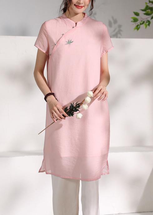 Handmade pink stand collar embroidery Dress